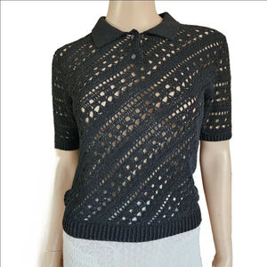 ALTUZARRA Black Crochet Short Sleeve Polo Top S